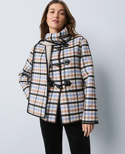 Ann Taylor Weekend Collection Plaid Scarf Coat Peaceful Periwinkle Women's