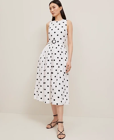 Ann Taylor Dotted Linen Blend Midi Dress Size 12 White Women's
