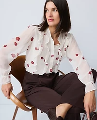 Ann Taylor Floral Ruffle Shirt Cherry Pie Women's