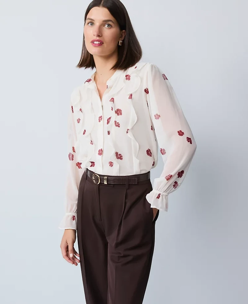 Ann Taylor Floral Ruffle Shirt Cherry Pie Women's