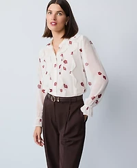 Ann Taylor Floral Ruffle Shirt Cherry Pie Women's