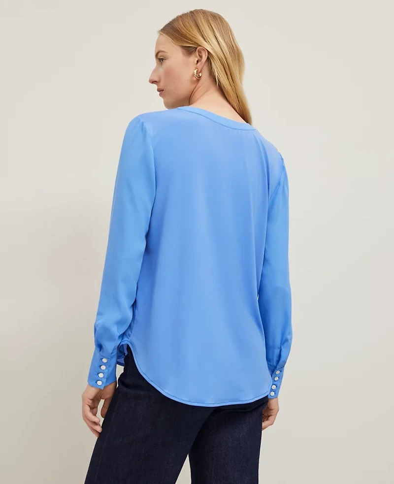 Ann Taylor Petite Mixed Media V-Neck Top Maritime Blue Women's