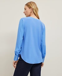 Ann Taylor Petite Mixed Media V-Neck Top Maritime Blue Women's