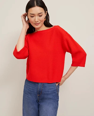 Ann Taylor Petite Geo Stitch Boatneck Sweater Fiery Red Women's