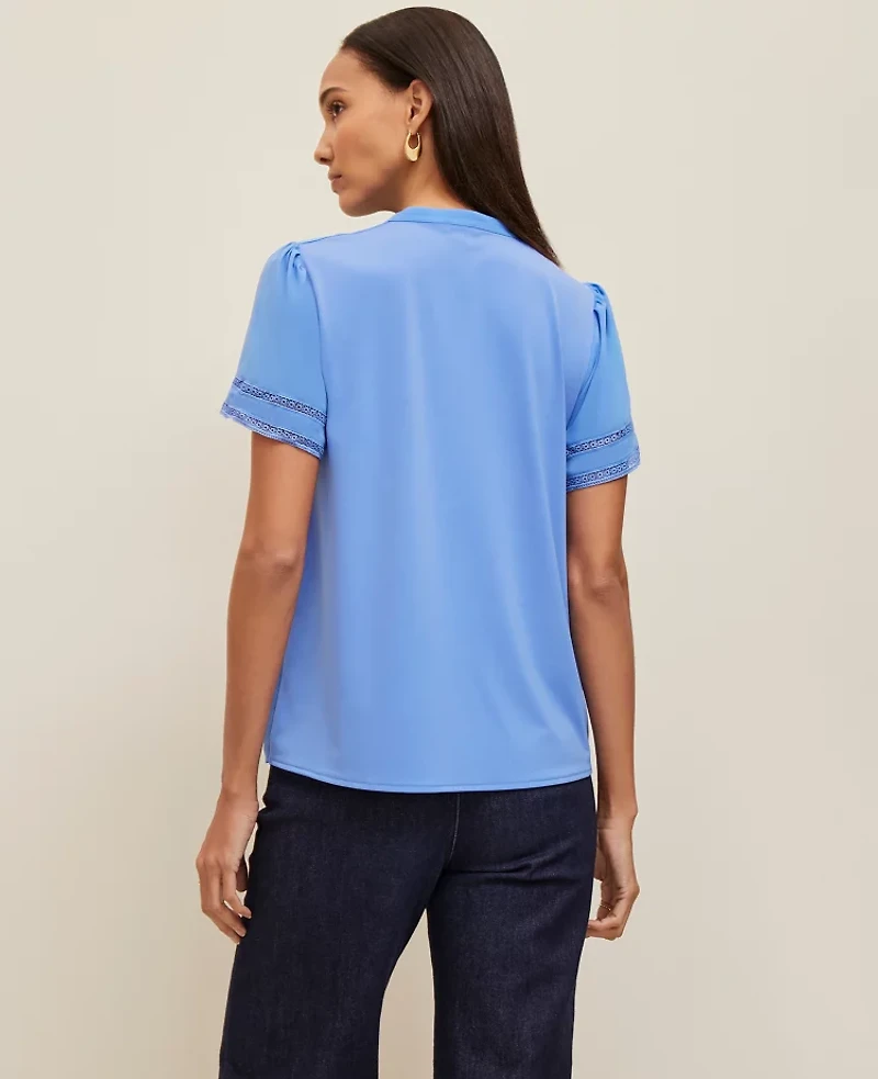 Ann Taylor Lace Trim Mixed Media Top Maritime Blue Women's
