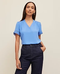 Ann Taylor Lace Trim Mixed Media Top Maritime Blue Women's