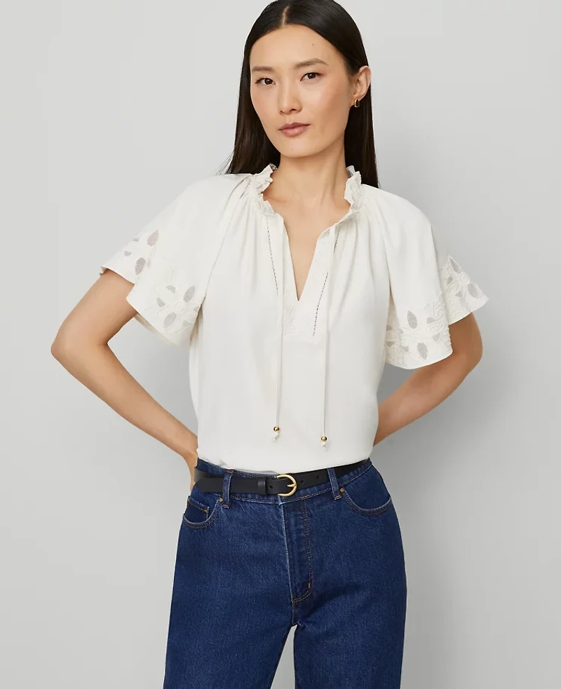 Ann Taylor Tie Neck Ruffle Popover Top Winter White Women's