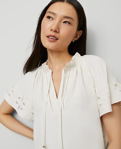 Ann Taylor Tie Neck Ruffle Popover Top Winter White Women's