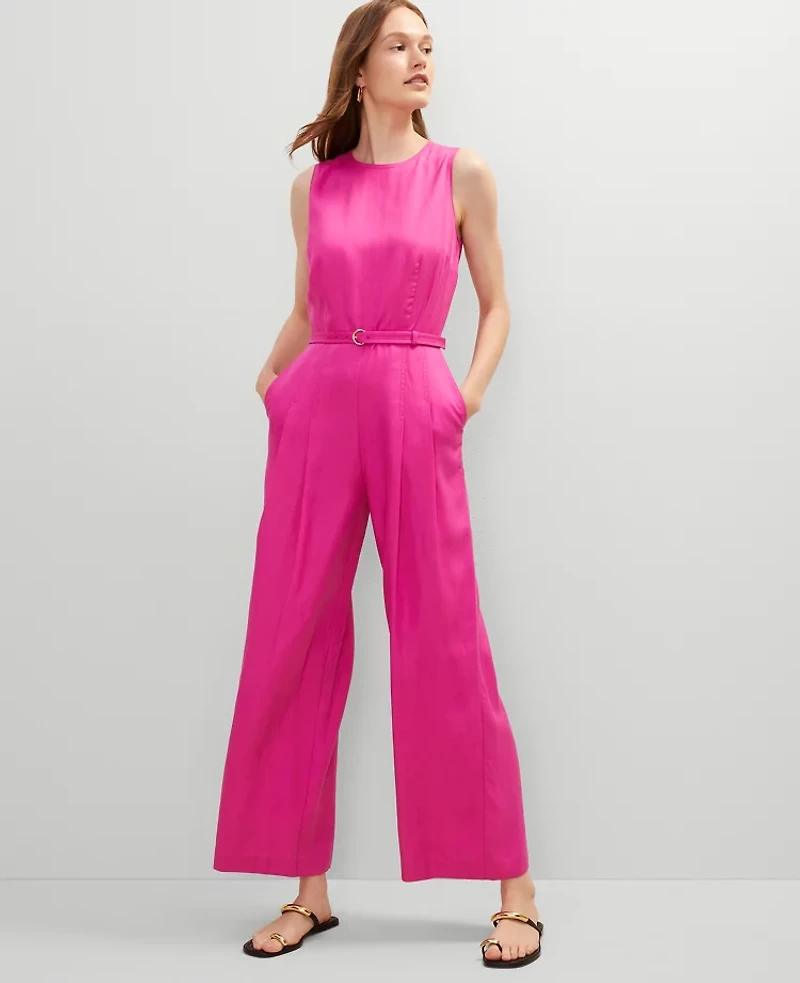 Ann Taylor Belted Crew Neck Jumpsuit Rose Violet Women's