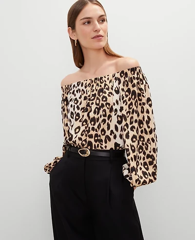 Ann Taylor Petite Animal Print Off The Shoulder Top _Black Women's