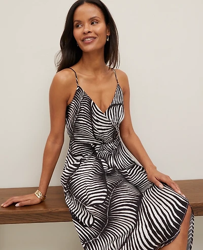 Ann Taylor Petite Satin Strappy Sheath Dress in Palm Print Size 00 Black Women's