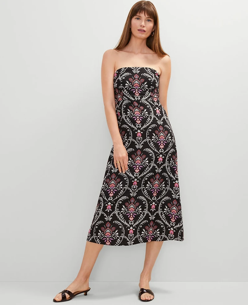 Ann Taylor Petite Floral Linen Blend Midi Dress Size 4 Black Women's