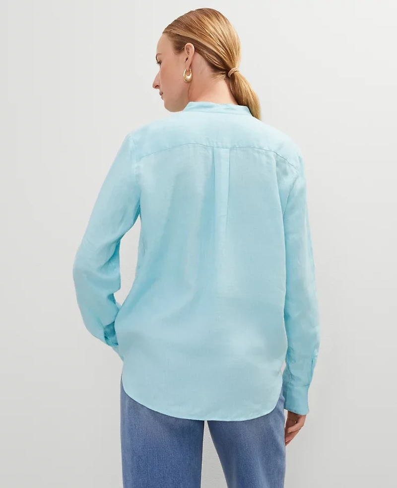 Ann Taylor Petite Relaxed Linen Perfect Shirt Size Small Gulf Stream Blue Women's