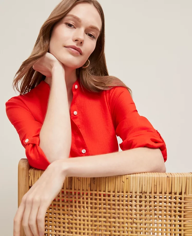 Ann Taylor Petite Relaxed Linen Perfect Shirt Size Large Fiery Red Women's