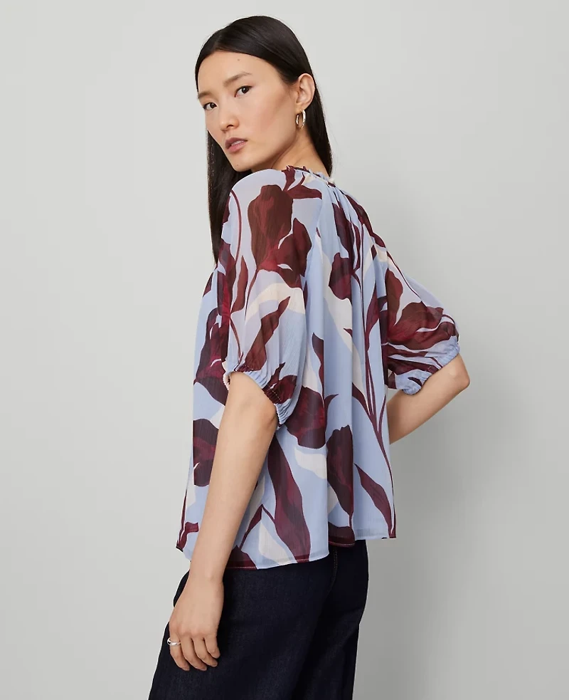 Ann Taylor Floral Pintucked Raglan Popover Top Placid Blue Women's