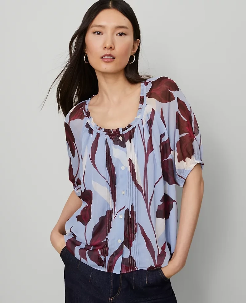 Ann Taylor Floral Pintucked Raglan Popover Top Placid Blue Women's