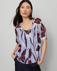 Ann Taylor Floral Pintucked Raglan Popover Top Placid Blue Women's