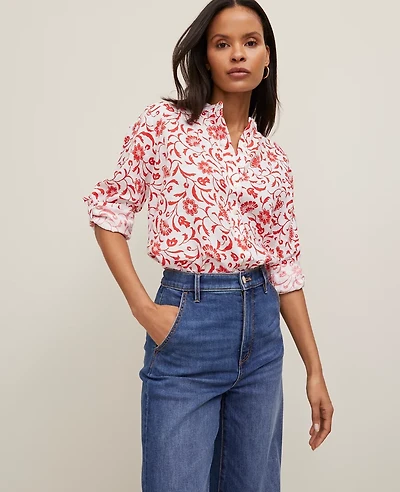 Ann Taylor Petite Floral Relaxed Linen Perfect Shirt Size Large Fiery Red Women's