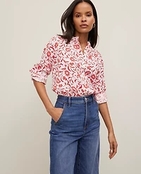 Ann Taylor Petite Floral Relaxed Linen Perfect Shirt Size Large Fiery Red Women's