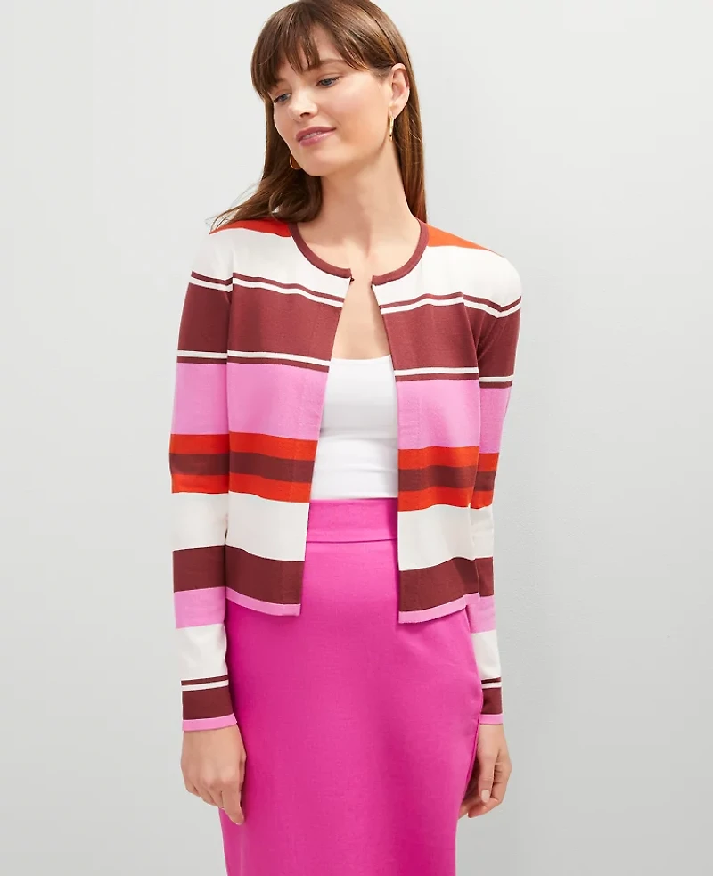Ann Taylor Striped Open Cardigan Pink Orchid Women's