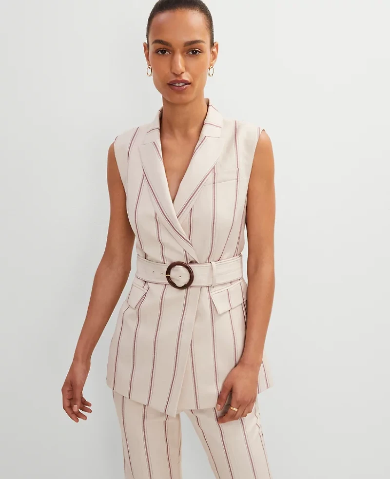 Ann Taylor Petite Pinstripe Belted Vest Flax Women's