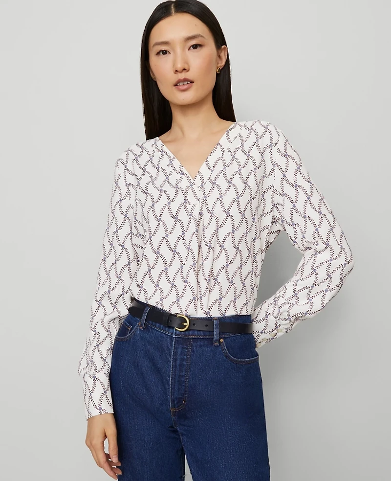 Ann Taylor Floral Mixed Media Pleat Front Top Winter White Women's