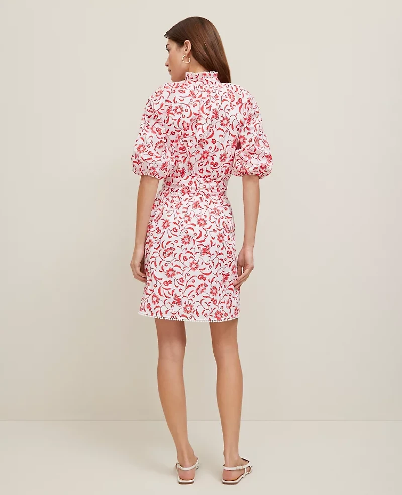 Ann Taylor Petite Floral Ruffle Neck Flare Dress Size 0 Fiery Red Women's