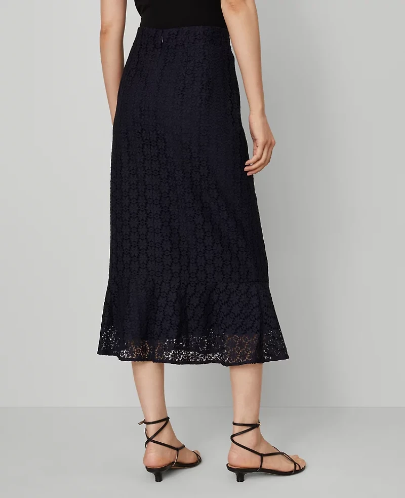 Ann Taylor Petite Lace Flounce Midi Skirt Night Sky Women's
