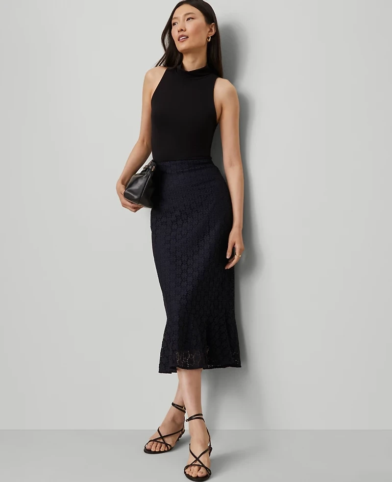 Ann Taylor Petite Lace Flounce Midi Skirt Night Sky Women's