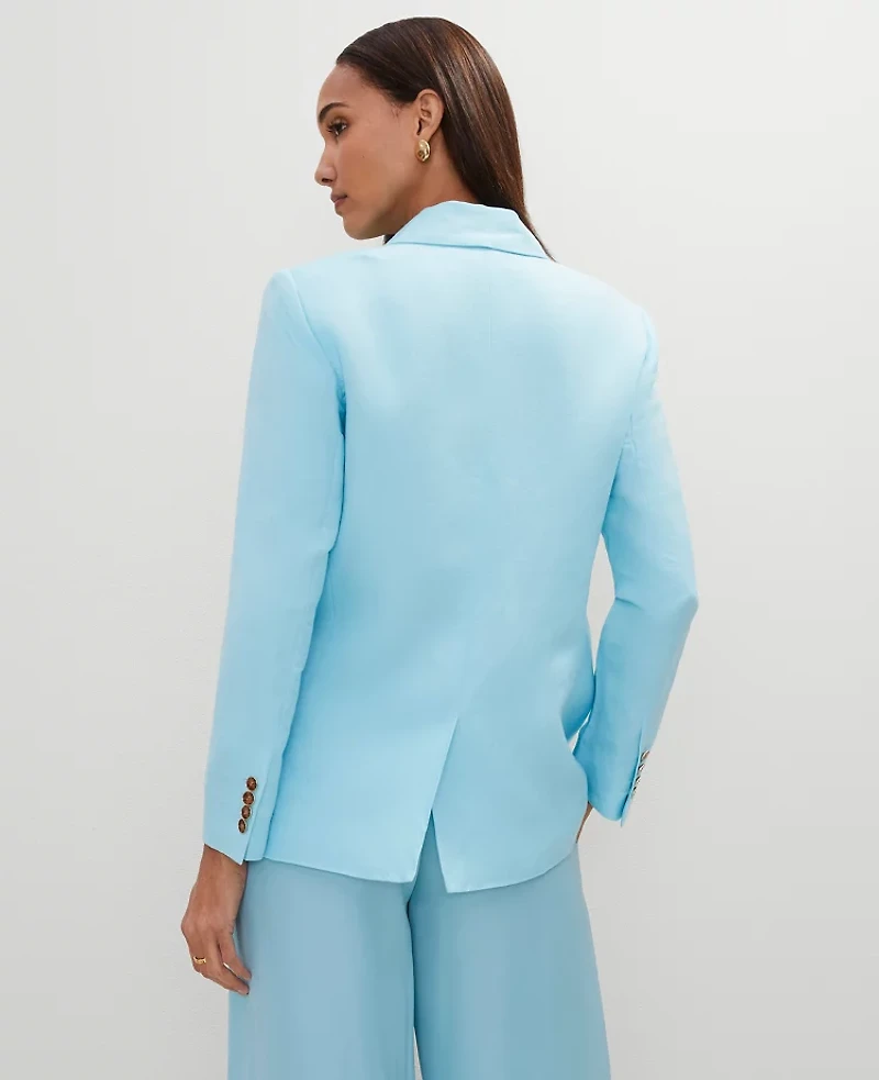 Ann Taylor The Petite Relaxed Double Breasted Long Blazer Linen Blend Gulf Stream Blue Women's