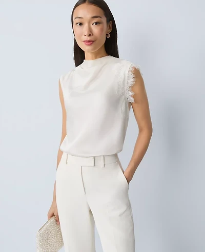 Ann Taylor Lace Trimmed Satin Top Size Small Winter White Women's