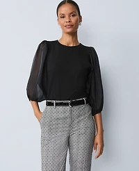 Ann Taylor Puff Sleeve Mixed Media Top Black Women's