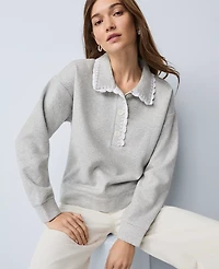 Ann Taylor Weekend Collection Crochet Trim Collared Sweatshirt Medium Light Heather Grey Women's