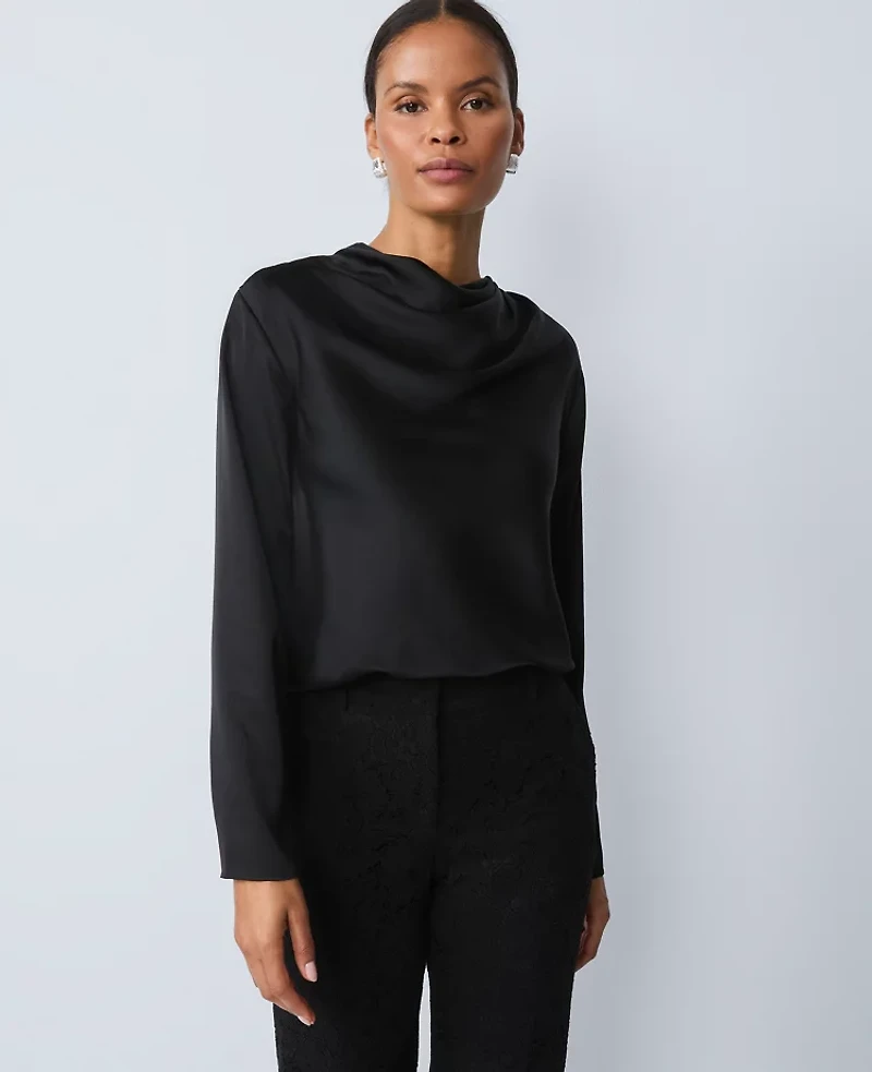 Ann Taylor Asymmetric Satin Top Size Medium Black Women's