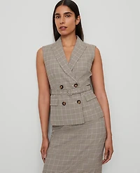 Ann Taylor Petite Belted Plaid Vest Copper/Cream Multi Women's
