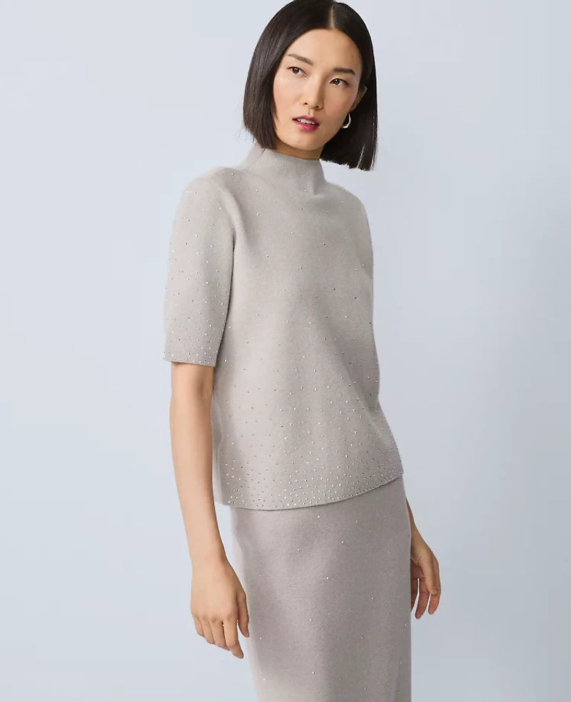 Ann Taylor Embellished Mock Neck Sweater T-Shirt Medium Light Heather Grey Women's