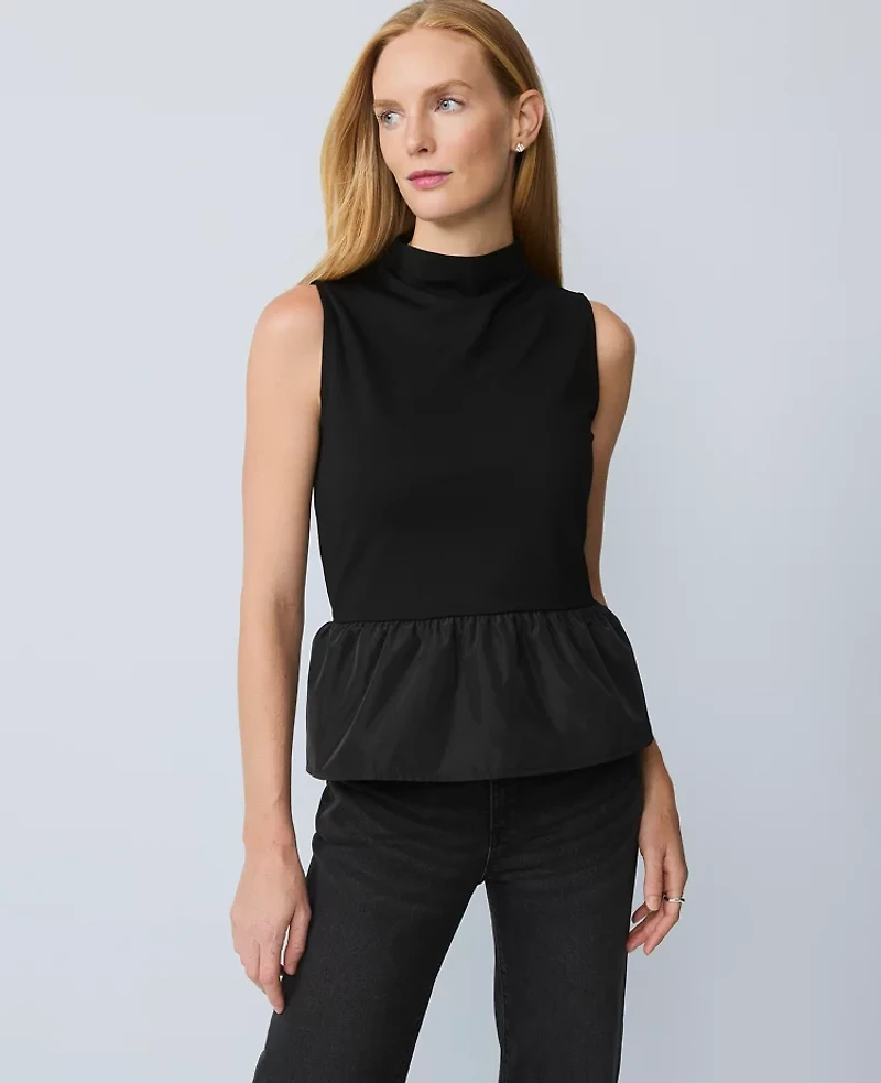 Ann Taylor Mixed Media Peplum Top Black Women's