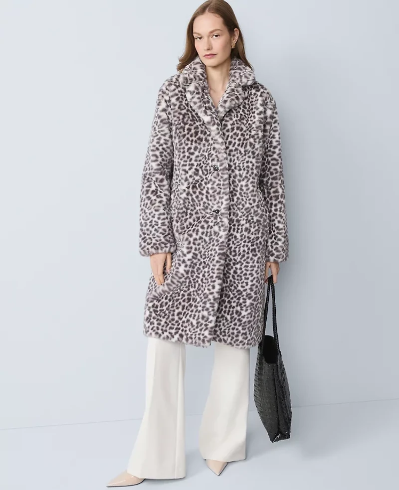 Ann Taylor Animal Print Faux Fur Coat Chrome Women's