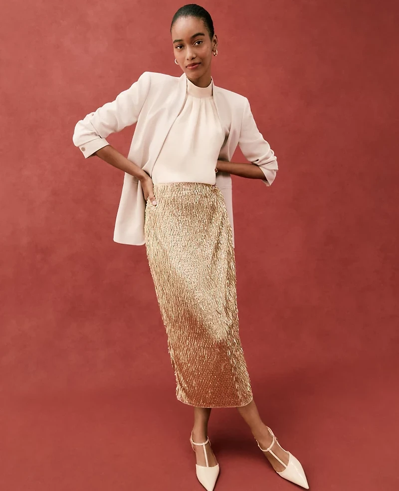 Ann Taylor Sequin Column Midi Skirt Gold Shine Women's