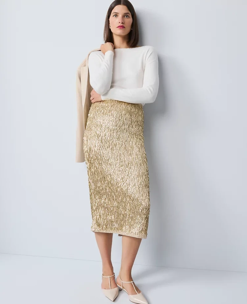Ann Taylor Sequin Column Midi Skirt Gold Shine Women's