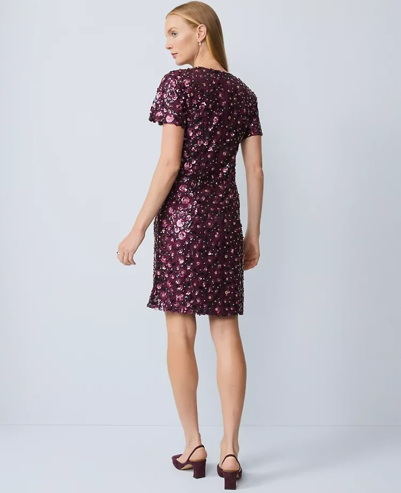 Ann Taylor Floral Sequin Shift Dress Metallic Burgundy Multi Women's