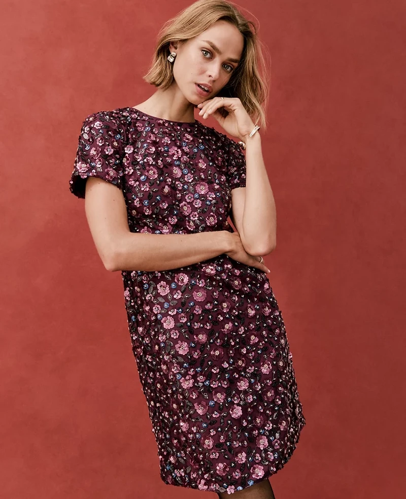 Ann Taylor Floral Sequin Shift Dress Metallic Burgundy Multi Women's