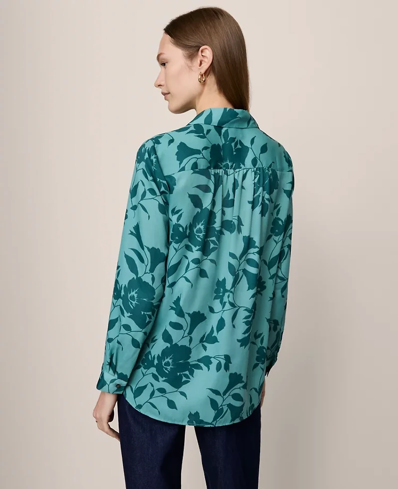 Ann Taylor Floral Camp Shirt Deep Atlantic Teal Women's