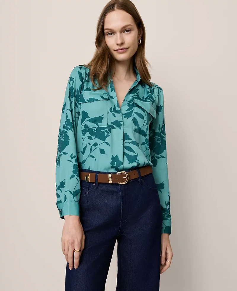 Ann Taylor Floral Camp Shirt Deep Atlantic Teal Women's