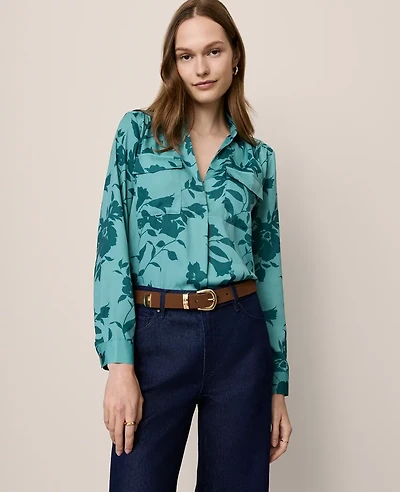 Ann Taylor Floral Camp Shirt Deep Atlantic Teal Women's