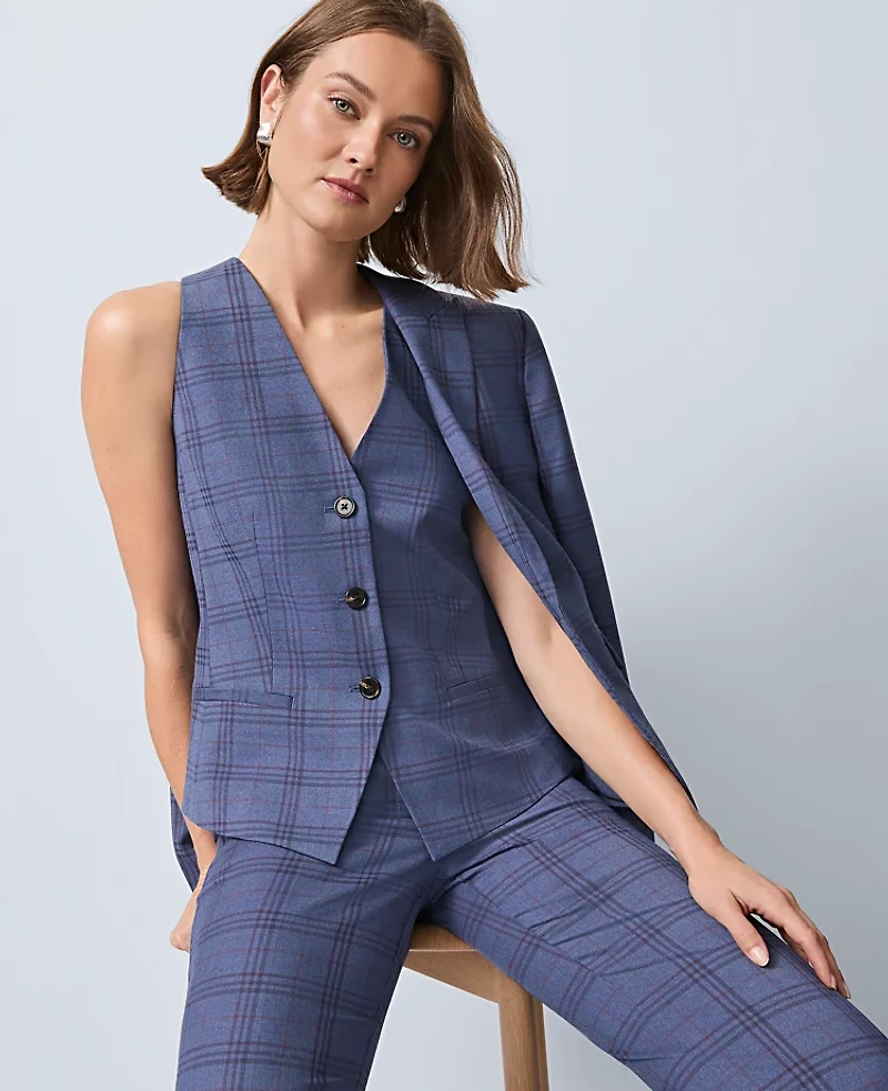 Ann Taylor The Cutaway Vest Plaid Blue Multi Women's
