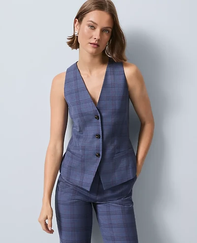 Ann Taylor The Cutaway Vest Plaid Blue Multi Women's