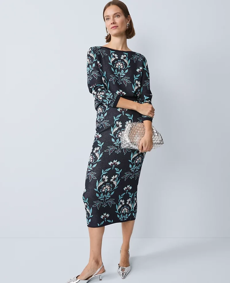 Ann Taylor Floral Jacquard Sweater Skirt Night Sky Women's