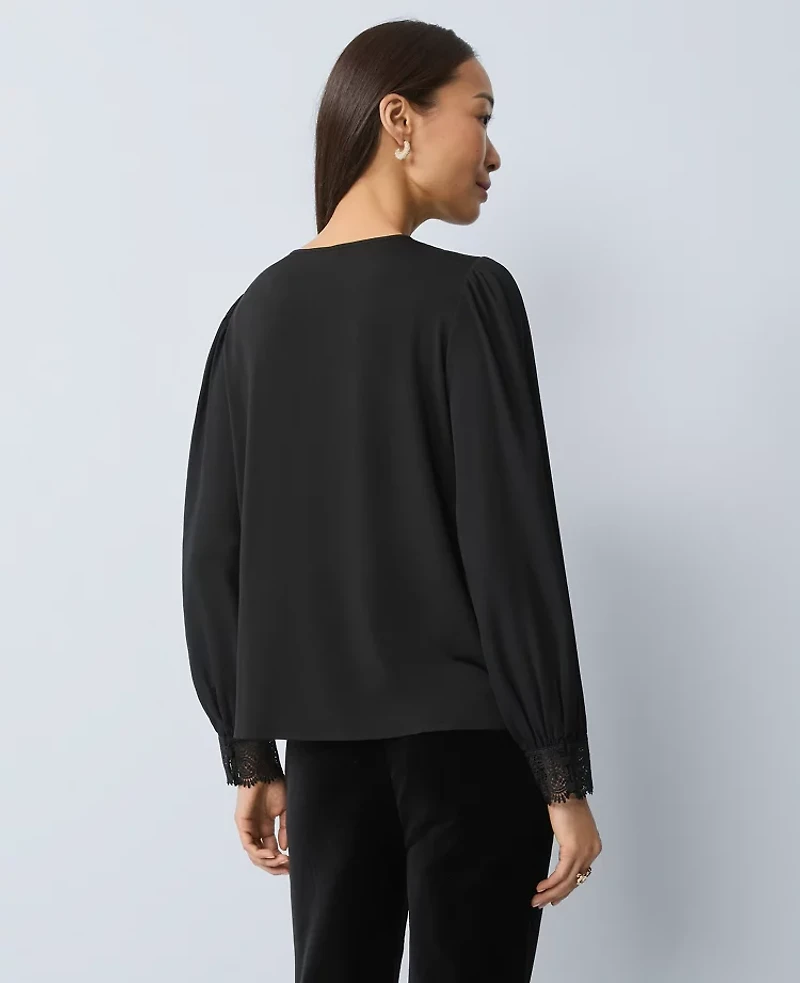 Ann Taylor Lace Trim Mixed Media Blouse Black Women's
