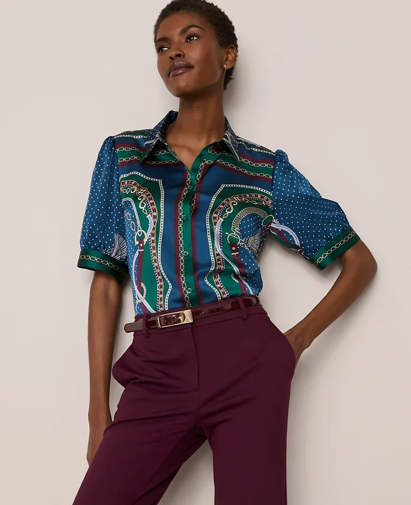 Ann Taylor Chain Link Print Satin Blouse Night Garden Women's